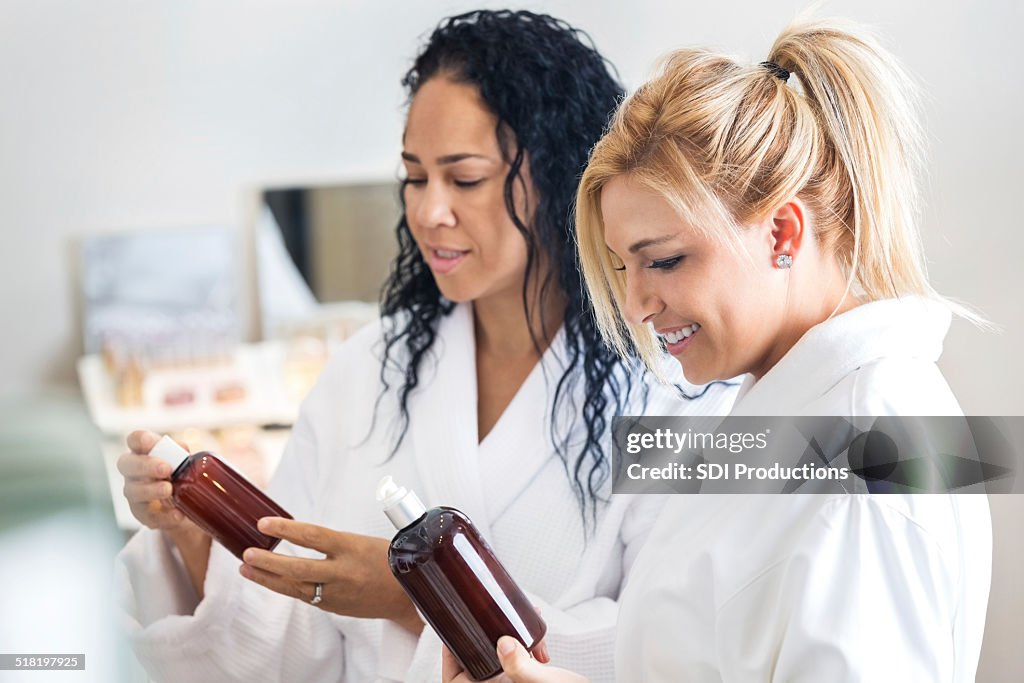 Diverse women shopping for products during day at spa