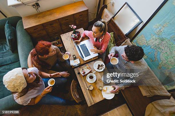 friends catching up over coffee - coffee birds eye view stock pictures, royalty-free photos & images