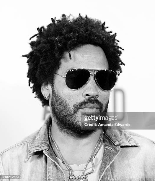 Musician Lenny Kravitz arrives at the premiere of Sony Pictures Classics' "Miles Ahead" at the Writers Guild Theater on March 29, 2016 in Beverly...