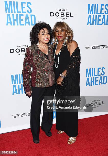 Frances Davis and Cheryl Davis arrive at the premiere of Sony Pictures Classics' "Miles Ahead" at the Writers Guild Theater on March 29, 2016 in...