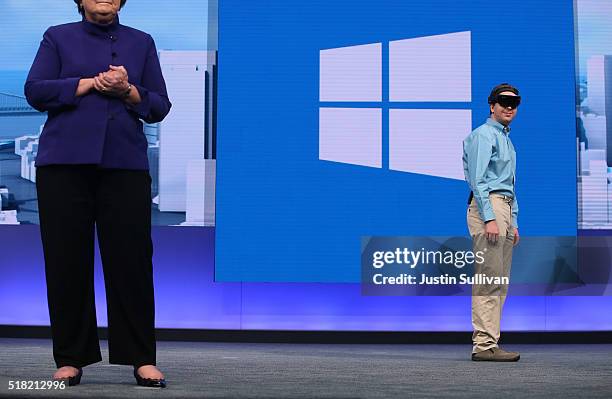 Microsoft's HoloLens is demonstrated during the 2016 Microsoft Build Developer Conference on March 30, 2016 in San Francisco, California. The...