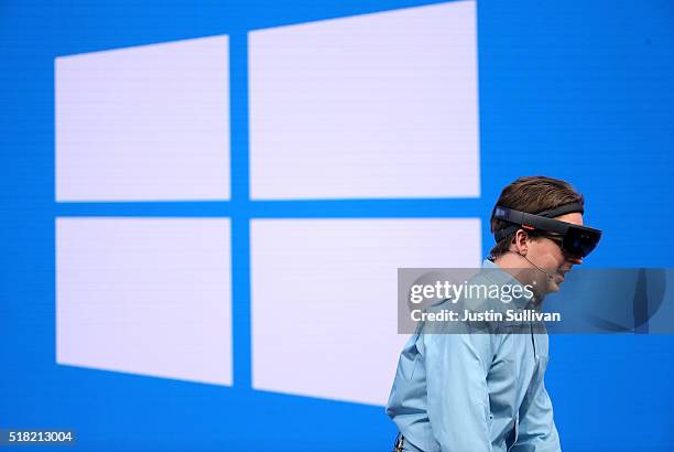 Microsoft's HoloLens is demonstrated during the 2016 Microsoft Build Developer Conference on March 30, 2016 in San Francisco, California. The...