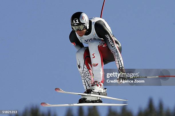 Michael Walchhofer of Switzerland in action during the men's downhill event in the FIS Ski World Cup with second placed Daron Rahlves on December 3,...