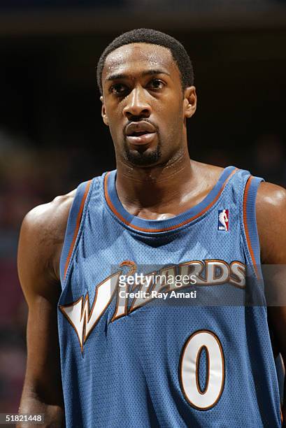 Gilbert Arenas of the Washington Wizards is on the court during the game against of the New Jersey Nets on November 20, 2004 at the Continental...