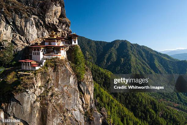 bhutan, paro. taktshang (tiger's nest) monastery on edge of cliff, with view out to valley - bhoutan photos et images de collection