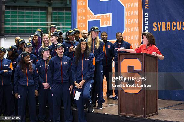 New York State Lt. Governor Kathleen C. Hochul speaks at a pep rally celebrating the men's and women's Final Four basketball teams on March 30, 2016...
