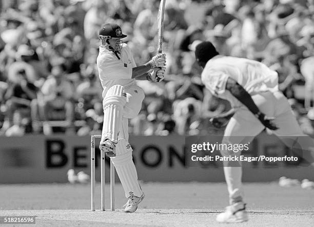 Greg Blewett of Australia hooks Devon Malcolm of England during the 4th Ashes Test between Australia and England at Adelaide, Australia, 28th January...