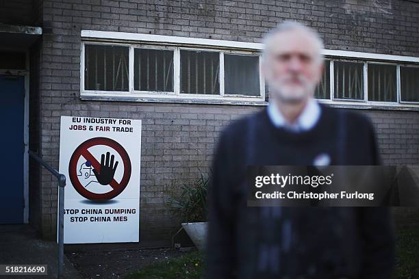 Labour leader Jeremy Corbyn speaks to the media at the Tata Sports Club on March 30, 2016 in Port Talbot, Wales. Indian owners Tata Steel put its...