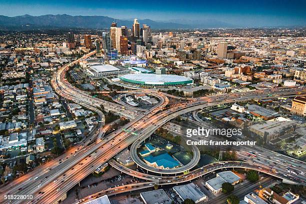los angeles aerial view skyline - downtown los angeles aerial stock pictures, royalty-free photos & images
