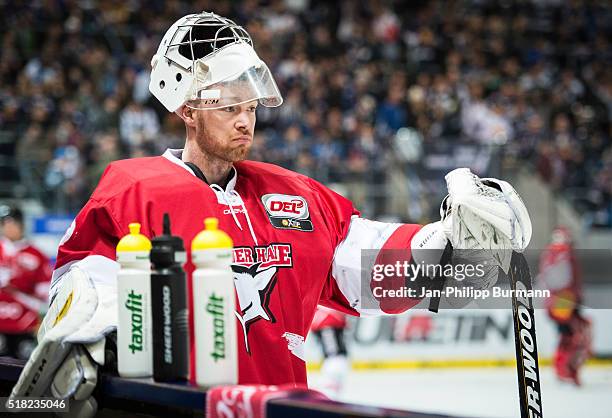 Gustaf Wesslau of Koelner Haie looks on before the game between the EHC Red Bull Muenchen and Koelner Haie on March 30, 2016 in Muenchen, Germany.