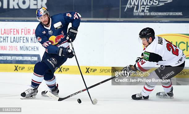 Steve Pinizzotto of EHC Red Bull Muenchen and Patrick Hager of Koelner Haie during the game between the EHC Red Bull Muenchen and Koelner Haie on...