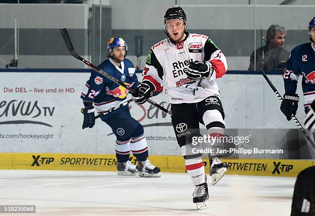 Marcel Ohmann of Koelner Haie celebrates after scoring the 0:1 during the game between the EHC Red Bull Muenchen and Koelner Haie on March 30, 2016...