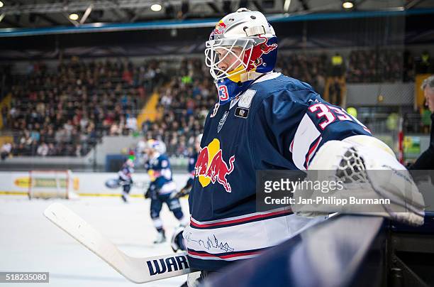 Danny aus den Birken looks on of EHC Red Bull Muenchen before the game between the EHC Red Bull Muenchen and Koelner Haie on March 30, 2016 in...