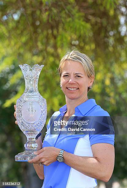 Annika Sorenstam of Sweden poses with the Solheim Cup after the press conference to announce her as the 2017 European Solheim Cup Captain held during...