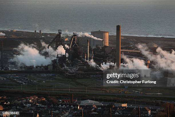 General view of the Tata Steel plant from the hills overlooking Port Talbot on March 30, 2016 in Port Talbot, Wales. Indian owners Tata Steel put its...