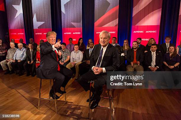 Republican Presidential candidate Donald Trump films a town hall meeting for MSNBC with Chris Matthews at the Weidner Center located on the...