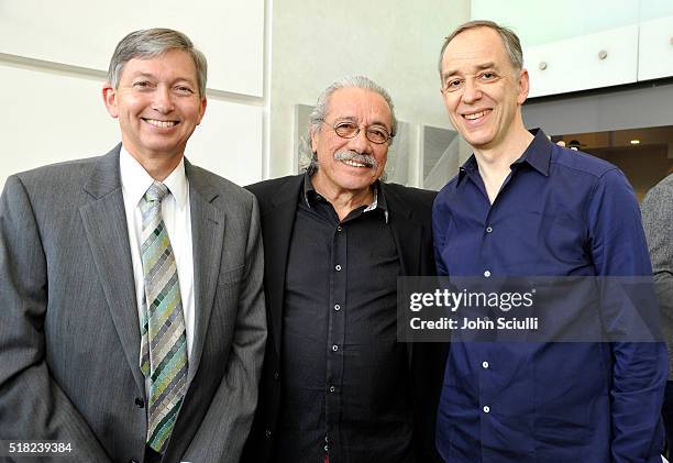 Hollywood Chamber of Commerce President and CEO Leron Gubler, Actor Edward James Olmos and Technicolor CEO Frederic Rose attend the celebration of...