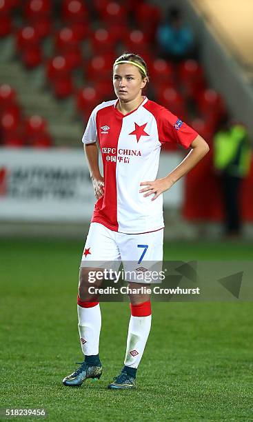 Slavia Praha's Simona Necidova in action during the UEFA Women's Champions League Second Leg match between Slavia Praha and Lyon at The Eden Stadium...