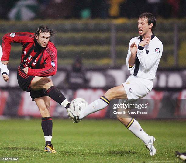 Andrei Shevchenko of AC Milan has his shot blocked during the Serie A League match between Parma and AC Milan on December 4 2004, in Parma, Italy.