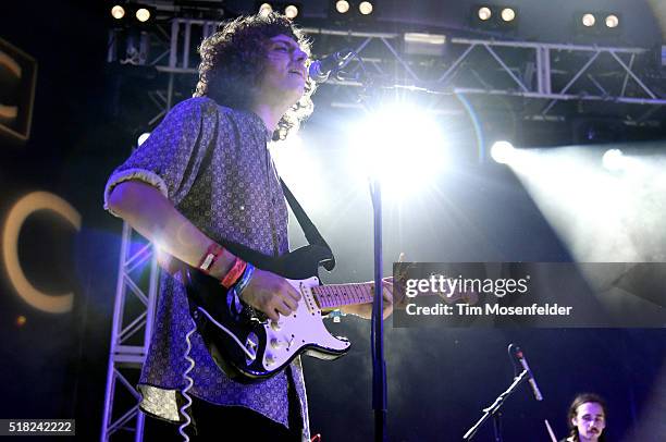 Nick Kivlen of Sunflower Bean performs during the BBC Showcase at Stubbs Bar-B-Que on March 17, 2016 in Austin, Texas.