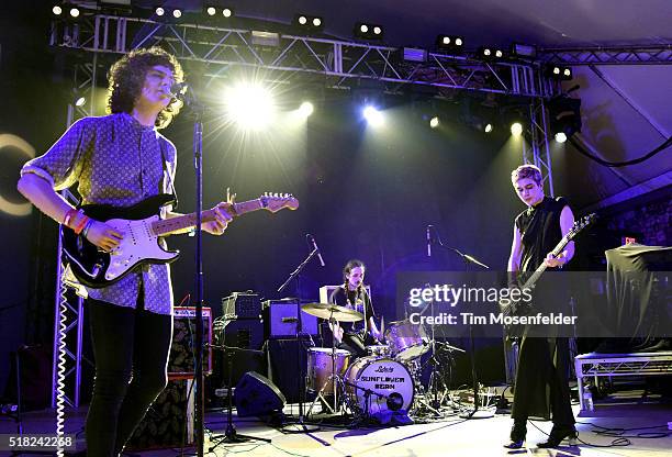Nick Kivlen, Jacob Faber, and Julia Cumming of Sunflower Bean perform during the BBC Showcase at Stubbs Bar-B-Que on March 17, 2016 in Austin, Texas.