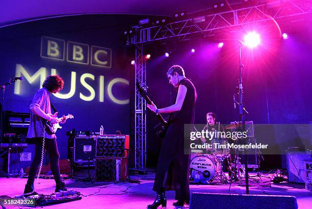 Nick Kivlen, Julia Cumming, and Jacob Faber of Sunflower Bean perform during the BBC Showcase at Stubbs Bar-B-Que on March 17, 2016 in Austin, Texas.