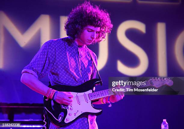 Nick Kivlen of Sunflower Bean performs during the BBC Showcase at Stubbs Bar-B-Que on March 17, 2016 in Austin, Texas.