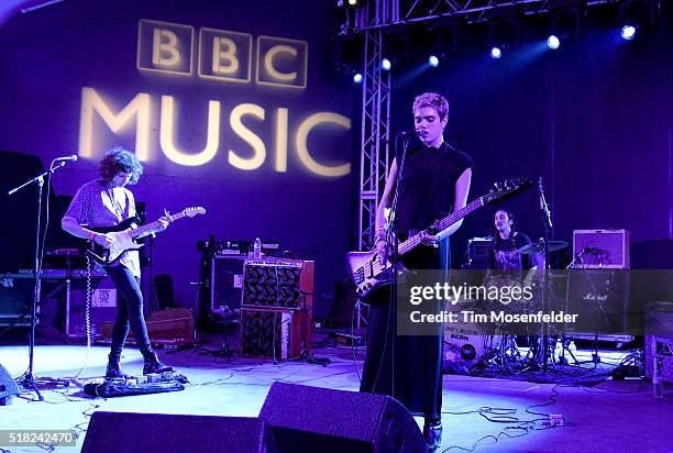 Nick Kivlen, Julia Cumming, and Jacob Faber of Sunflower Bean perform during the BBC Showcase at Stubbs Bar-B-Que on March 17, 2016 in Austin, Texas.