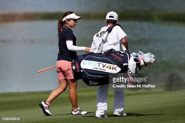 Mika Miyazato of Japan walks along the 6th hole during the Pro-Am as a preview for the 2016 ANA Inspiration Championship at the Mission Hills Country...