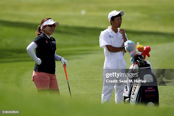 Mika Miyazato of Japan looks on at the 7th hole during the Pro-Am as a preview for the 2016 ANA Inspiration Championship at the Mission Hills Country...