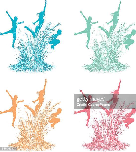 stockillustraties, clipart, cartoons en iconen met color silhouettes of kids diving into pool with large splash - fountain