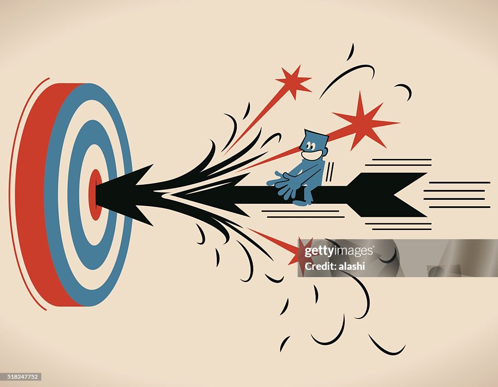 Businessman riding flying archery, shooting on Bull's-Eye of archery target