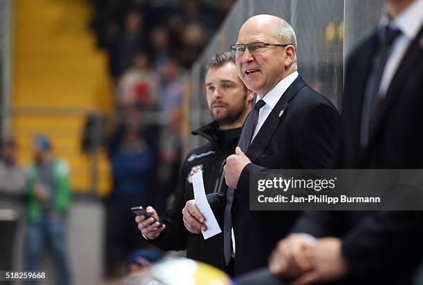 Coach Don Jackson of EHC Red Bull Muenchen during the game between the EHC Red Bull Muenchen and Koelner Haie on March 30, 2016 in Munich, Germany.