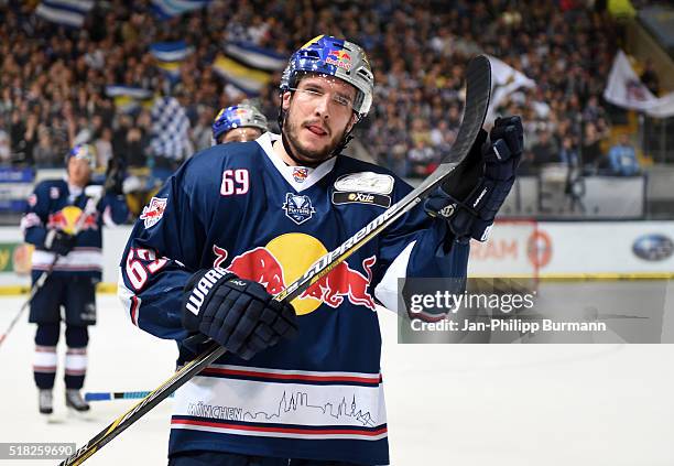 Florian Kettemer of EHC Red Bull Muenchen after the game between the EHC Red Bull Muenchen and Koelner Haie on March 30, 2016 in Munich, Germany.