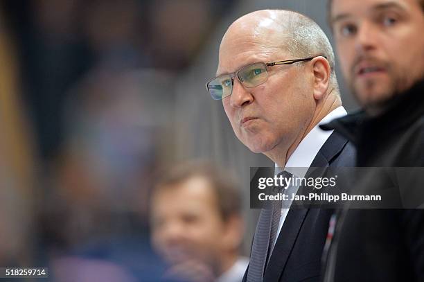 Coach Don Jackson of EHC Red Bull Muenchen during the game between the EHC Red Bull Muenchen and Koelner Haie on March 30, 2016 in Munich, Germany.