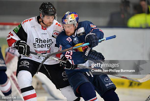 Pascal Zerressen of the Koelner Haien and Maximilian Kastner of EHC Red Bull Muenchen during the game between the EHC Red Bull Muenchen and Koelner...