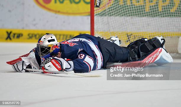 David Leggio of EHC Red Bull Muenchen during the game between the EHC Red Bull Muenchen and Koelner Haie on March 30, 2016 in Munich, Germany.