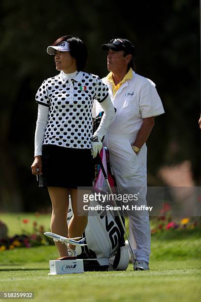 Shiho Oyama of Japan looks on at the 8th hole during the Pro-Am as a preview for the 2016 ANA Inspiration Championship at the Mission Hills Country...