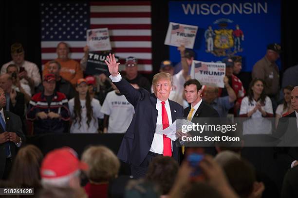 Republican presidential candidate Donald Trump speaks to guests during a campaign rally at the Radisson Paper Valley Hotel on March 30, 2016 in...