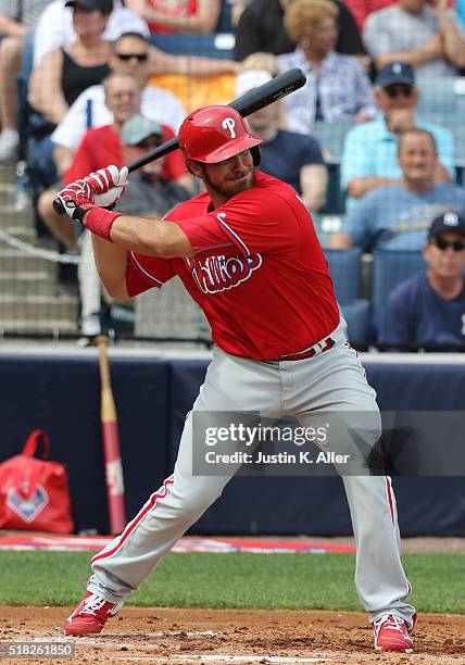 Arencibia of the Philadelphia Phillies in action during the game against the New York Yankees at Steinbrenner Field on March 3, 2016 in Tampa,...