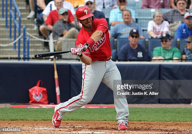Arencibia of the Philadelphia Phillies in action during the game against the New York Yankees at Steinbrenner Field on March 3, 2016 in Tampa,...