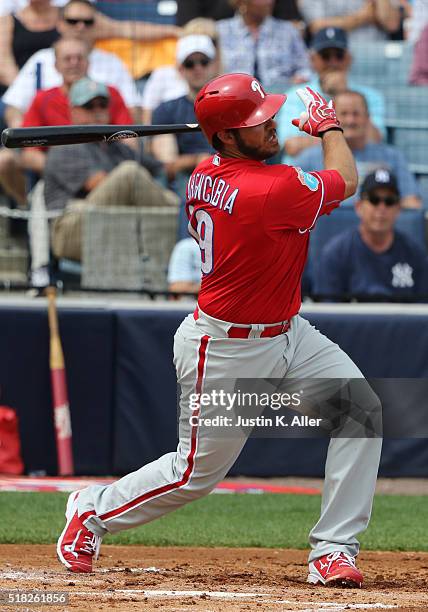 Arencibia of the Philadelphia Phillies in action during the game against the New York Yankees at Steinbrenner Field on March 3, 2016 in Tampa,...