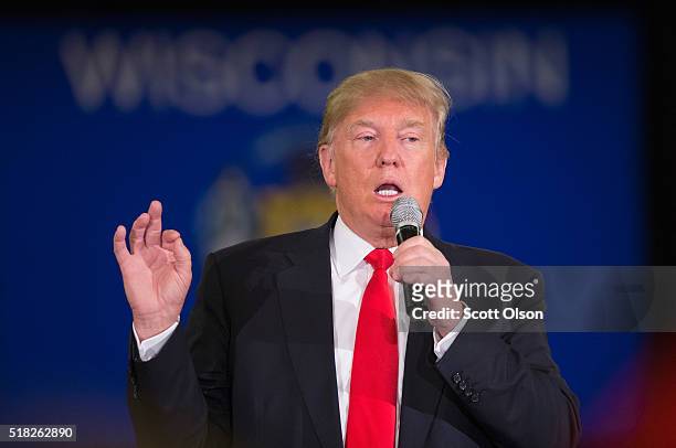 Republican presidential candidate Donald Trump speaks to guests during a campaign rally at the Radisson Paper Valley Hotel on March 30, 2016 in...
