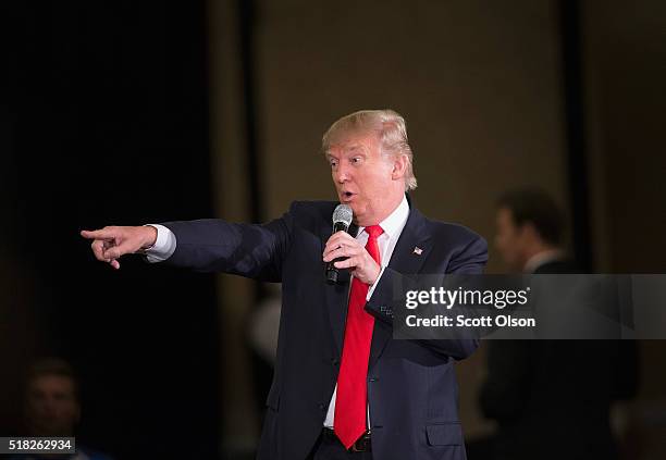 Republican presidential candidate Donald Trump speaks to guests during a campaign rally at the Radisson Paper Valley Hotel on March 30, 2016 in...