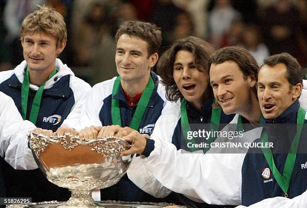 Spanish team members , former number one Juan Carlos Ferrero, Tommy Robredo, Rafael Nadal, the youngest Davis Cup winner in the history of the...