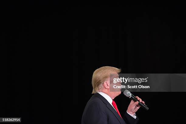 Republican presidential candidate Donald Trump speaks to guests during a campaign rally at the Radisson Paper Valley Hotel on March 30, 2016 in...