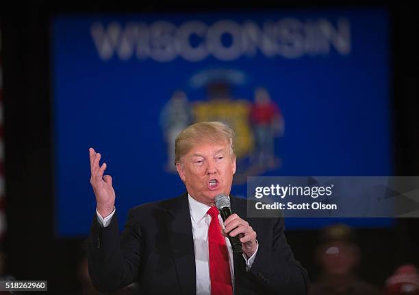 Republican presidential candidate Donald Trump speaks to guests during a campaign rally at the Radisson Paper Valley Hotel on March 30, 2016 in...