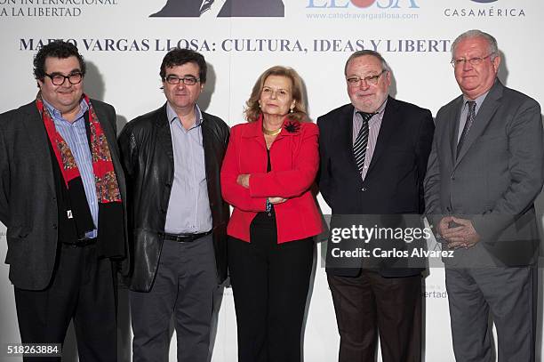 Spanish authors Manuel Rodriguez, Javier Cercas, Carme Riera, Fernando Savater and Juan Jesus Armas Marcelo attend "Vargas Llosa: Cultura, Ideas Y...