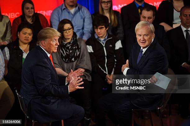 Donald Trump Town Hall -- Pictured: Donald Trump and Chris Matthews during the MSNBC Donald Trump Town Hall on Wednesday, March 30, 2016 from the...