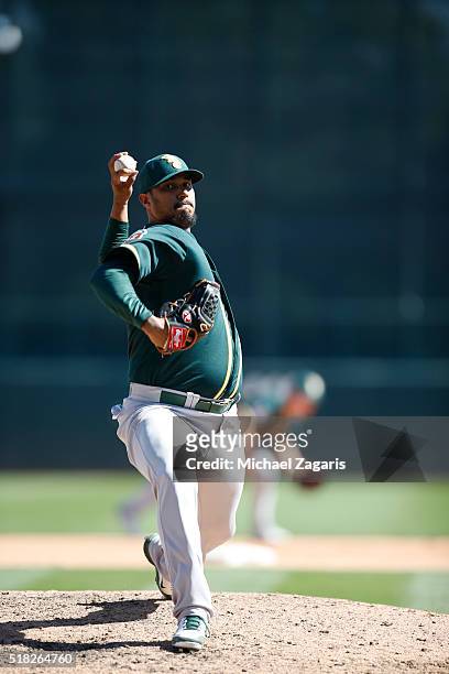 Felix Doubront of the Oakland Athletics pitches during a spring training game against the Chicago White Sox at Camelback Ranch on March 10, 2016 in...